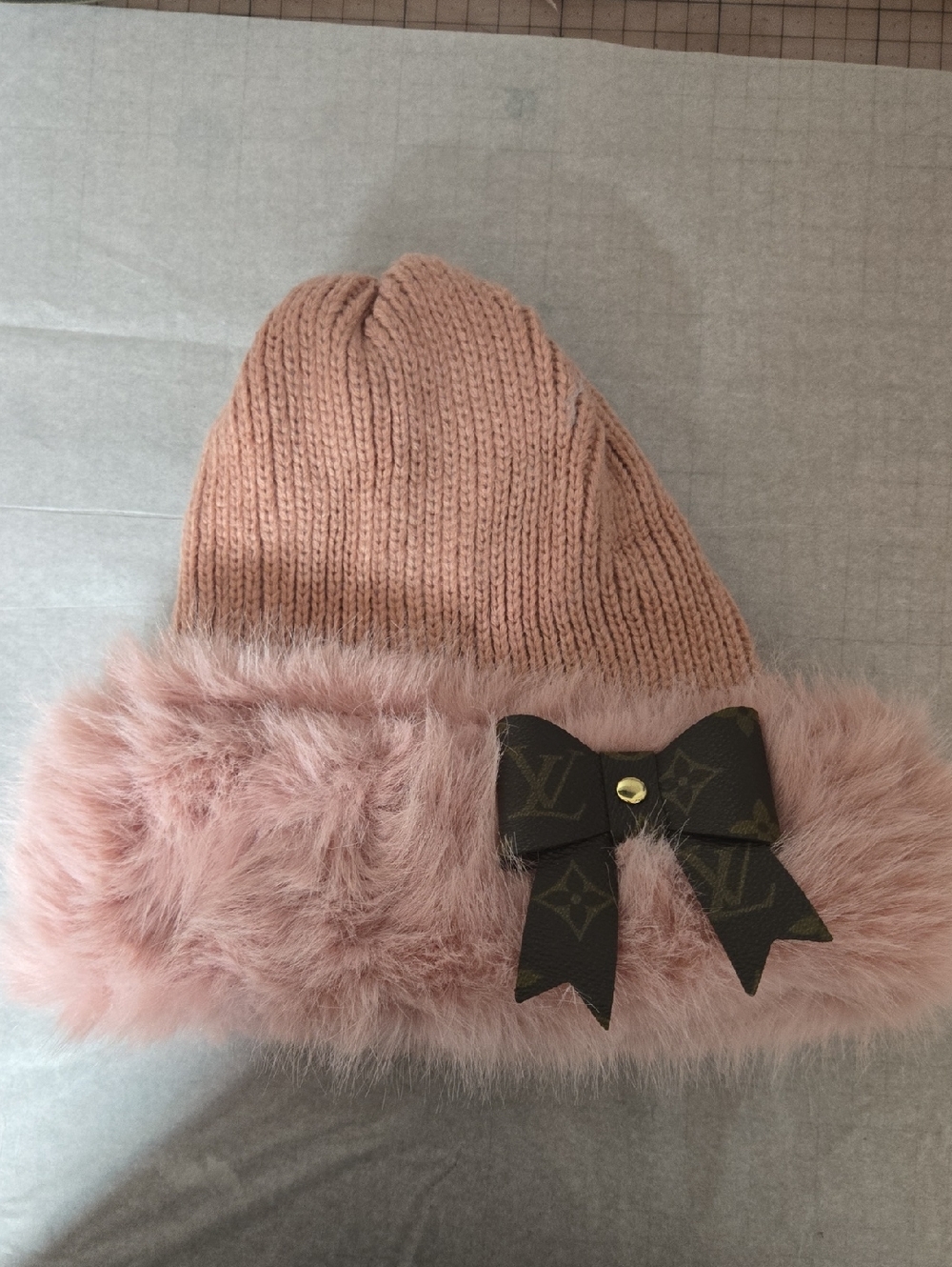 Pink Faux Fur Pom Beanie with Decorative Logo Bow
